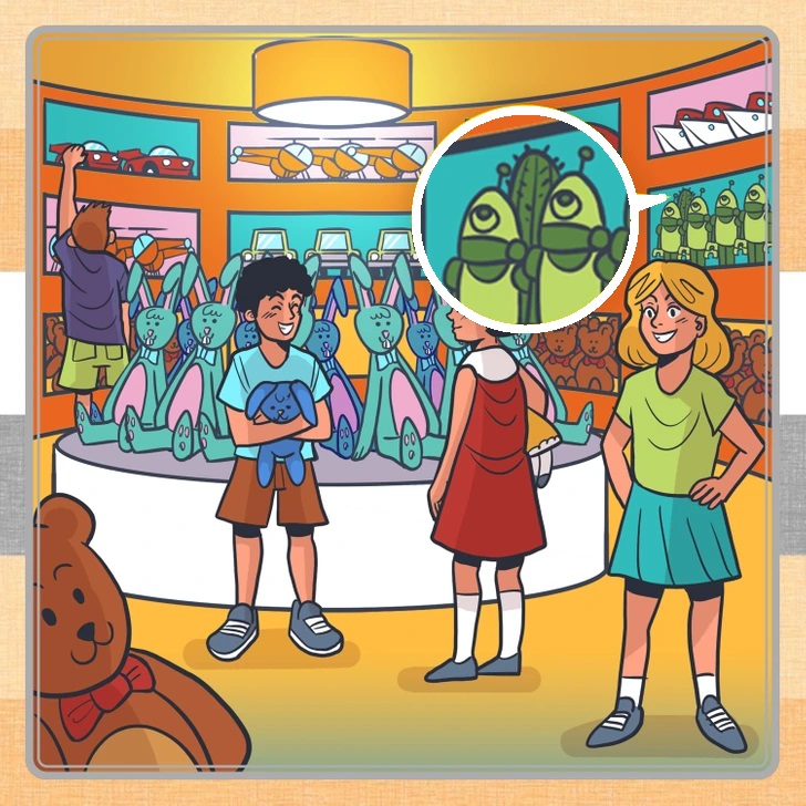 Desafio visual com crianças se divertem em uma loja de brinquedos cheia de pelúcias coloridas.