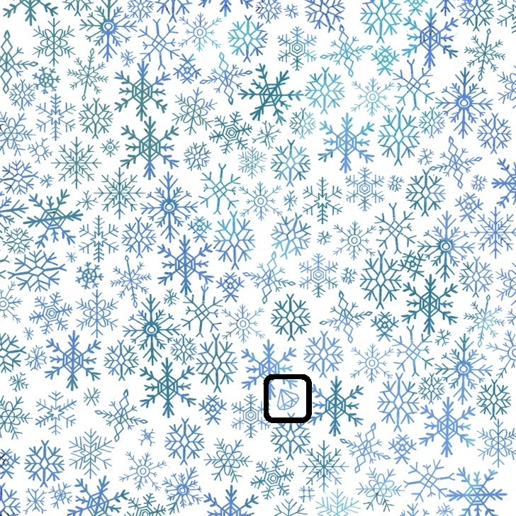 Desafio visual com vários flocos de neve azuis em fundo branco, escondendo um pequeno diamante
