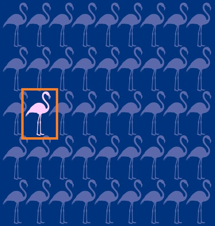Desafio visual com flamingos cor-de-rosa sobre fundo azul em padrão repetido, com um deles fora do padrão.