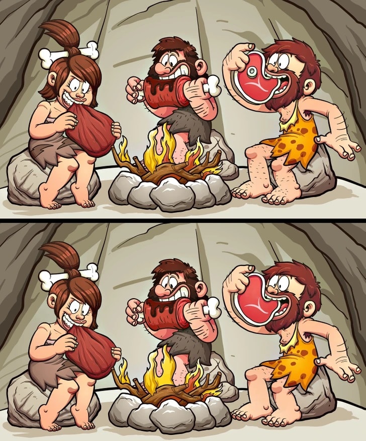 Teste visual com desenho humorístico de dois personagens pré-históricos sentados em volta de uma fogueira com carne, mostrando uma comparação de duas cenas com pequenas diferenças.