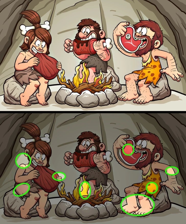 Teste visual com desenho humorístico de dois personagens pré-históricos sentados em volta de uma fogueira com carne, mostrando uma comparação de duas cenas com pequenas diferenças.