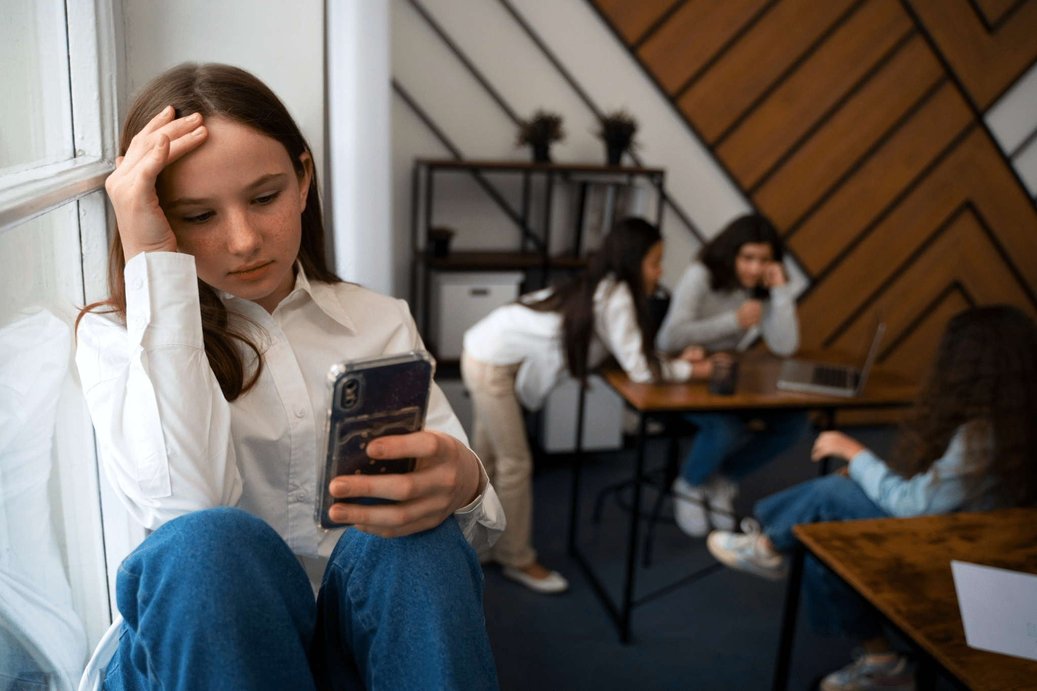 Adolescente triste olhando para o celular, isolada em ambiente escolar.