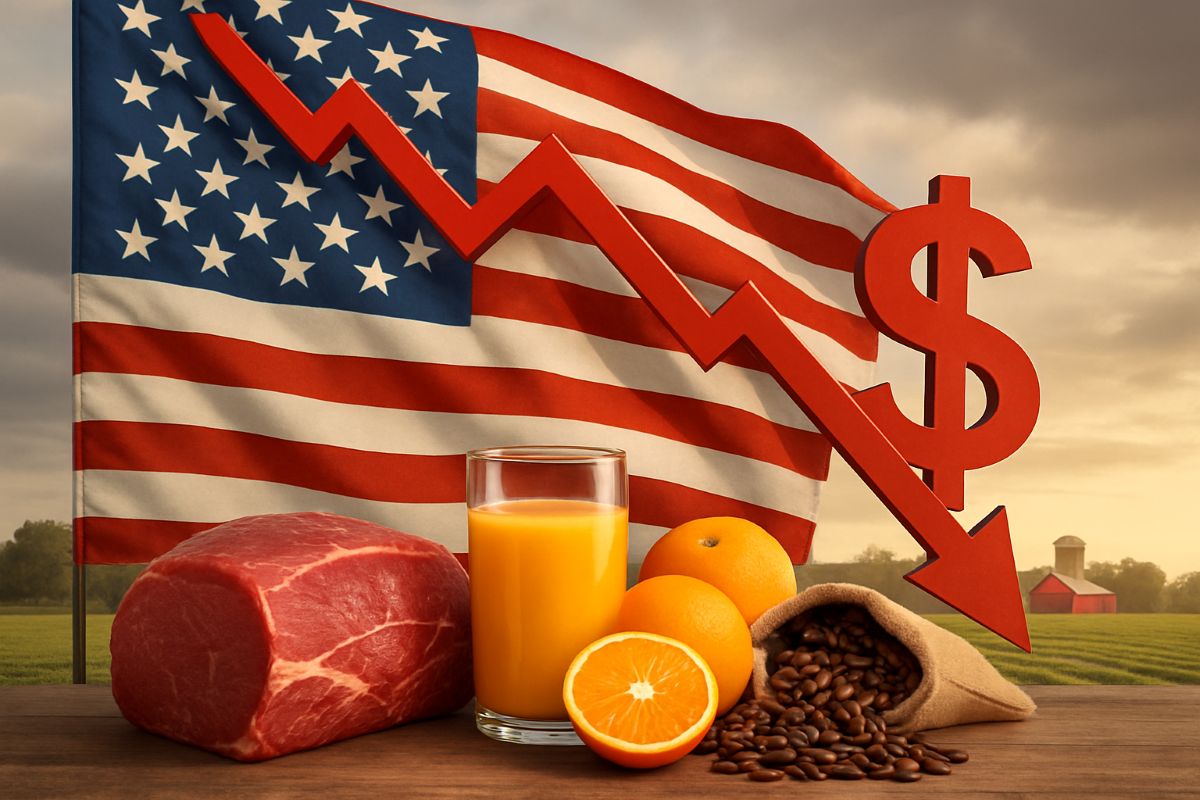 queda econômica nos Estados Unidos com alimentos básicos à frente de bandeira americana.