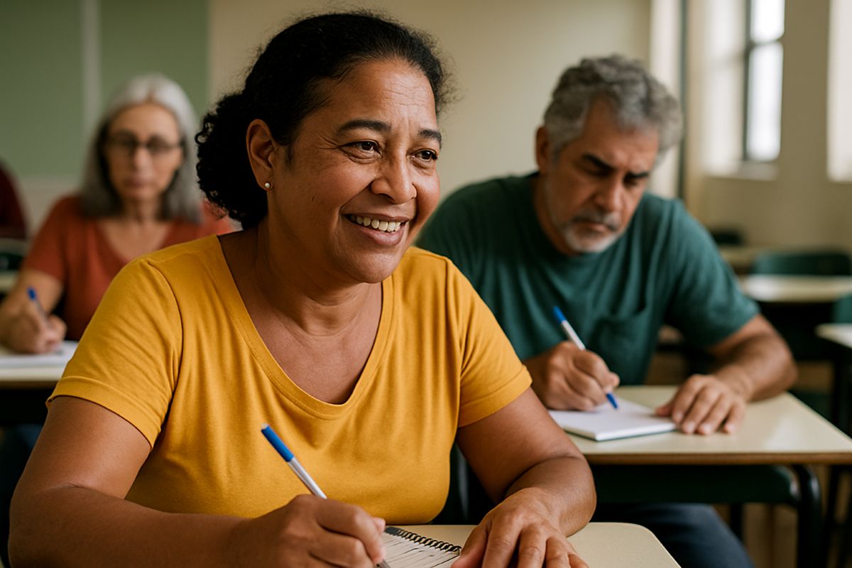 Mulher sorrindo enquanto escreve em caderno dentro de sala de aula