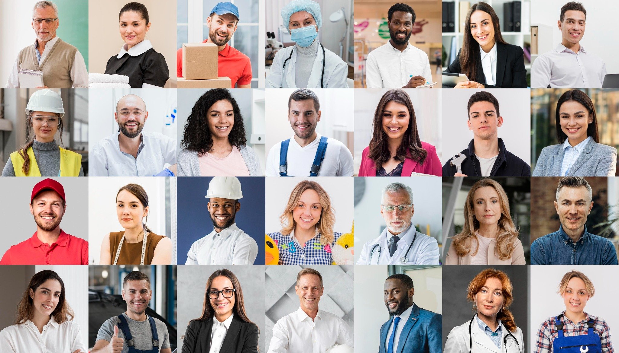 Pessoas de diferentes profissões reunidas em colagem representando diversidade no mercado de trabalho.