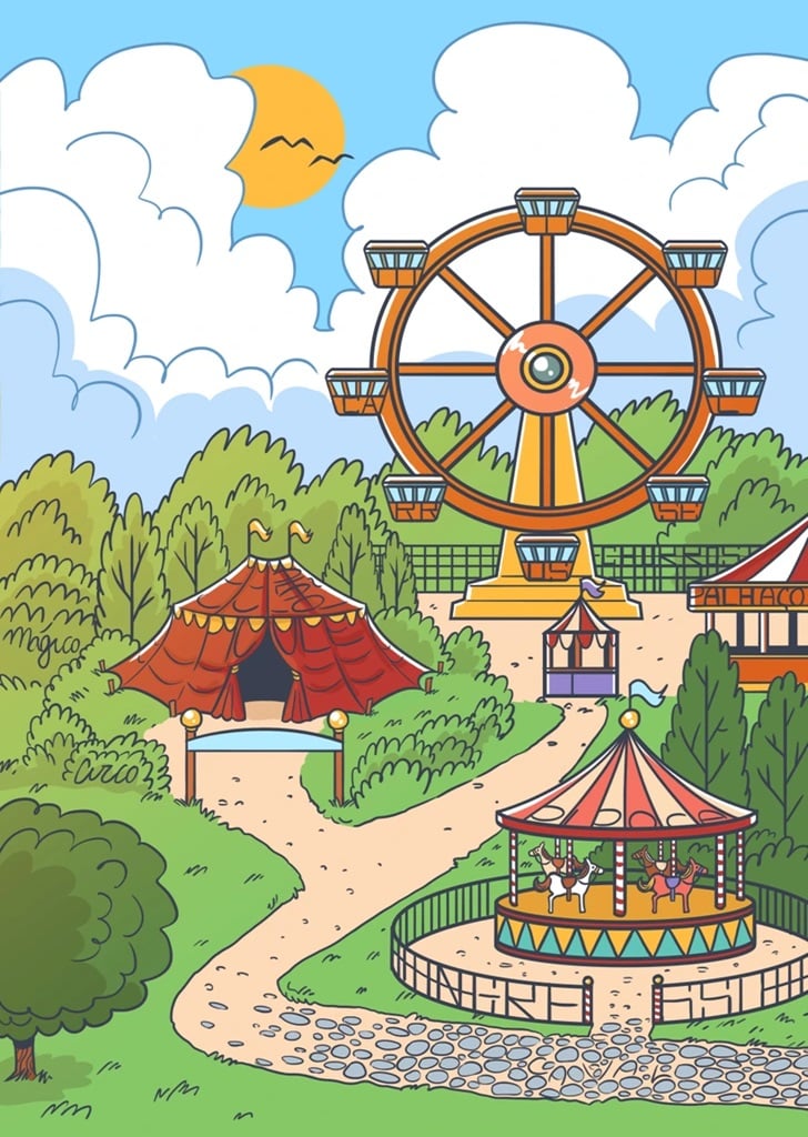 Teste de percepção em uma imagem de um parque de diversões colorido com roda-gigante, carrossel e circo ao ar livre em dia ensolarado