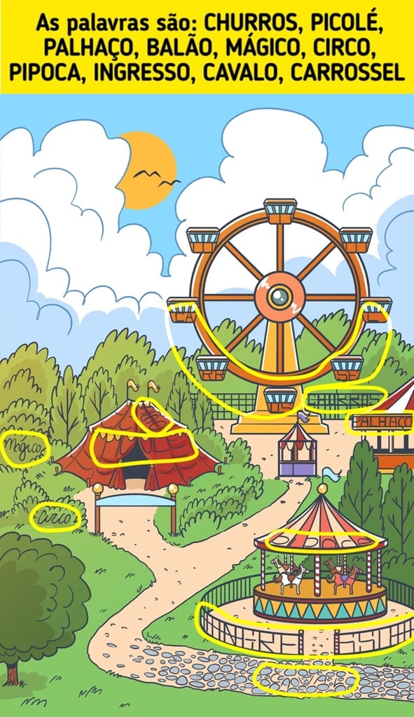 Teste de percepção em uma imagem de um parque de diversões colorido com roda-gigante, carrossel e circo ao ar livre em dia ensolarado