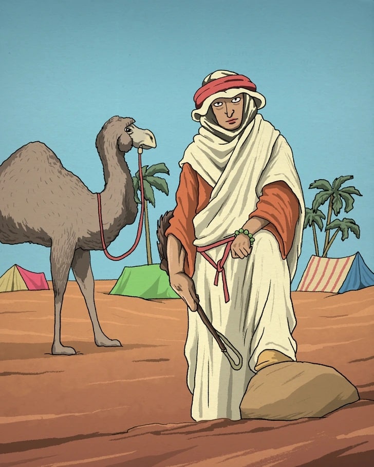 Teste de percepção com um homem no deserto com túnica branca ao lado de camelo e tendas coloridas ao fundo.