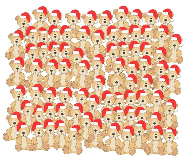 Teste de percepção com vários ursinhos de pelúcia usando gorros de Natal, com um urso sem gorro camuflado entre eles.