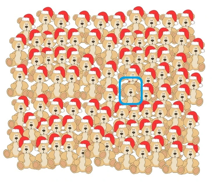 Teste de percepção com vários ursinhos de pelúcia usando gorros de Natal, com um urso sem gorro camuflado entre eles.