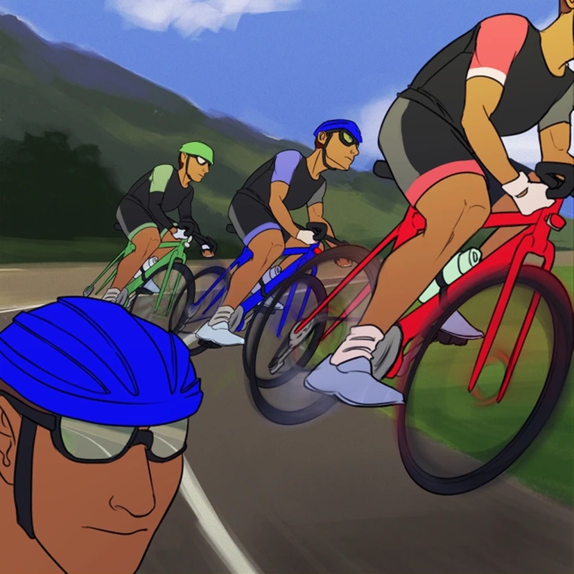 Teste de percepção com ciclistas em estrada, destaque para capacetes coloridos e detalhes inconsistentes