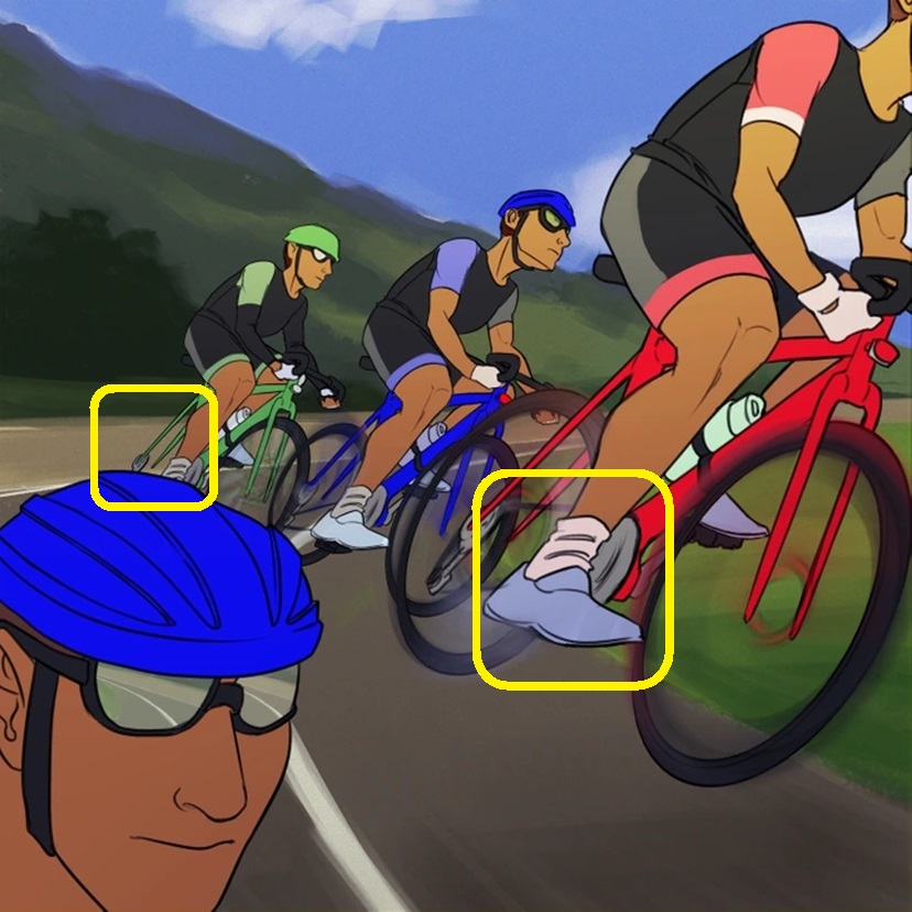 Teste de percepção com ciclistas em estrada, destaque para capacetes coloridos e detalhes inconsistentes