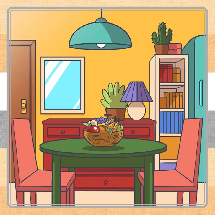 Teste visual em uma sala de jantar colorida com mesa redonda, cadeiras e objetos decorativos.