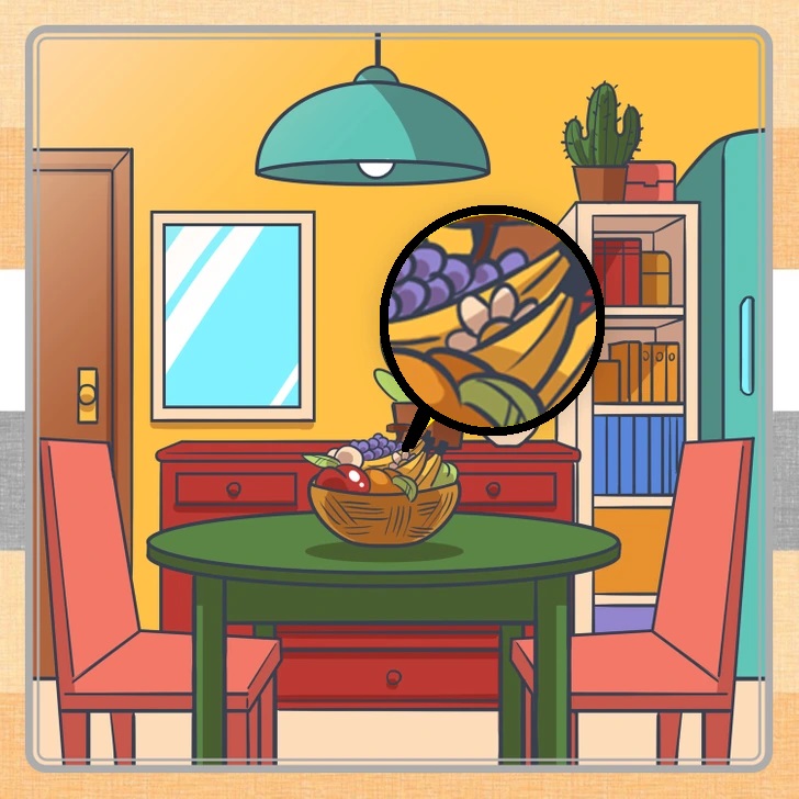Teste visual em uma sala de jantar colorida com mesa redonda, cadeiras e objetos decorativos.