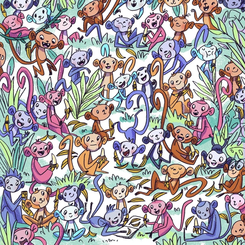 Teste visual com dezenas de macacos coloridos segurando bananas, com uma meia camuflada entre eles.