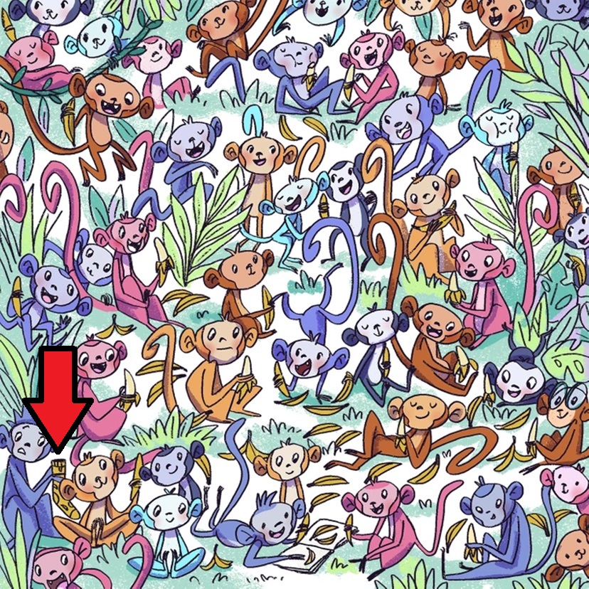 Teste visual com dezenas de macacos coloridos segurando bananas, com uma meia camuflada entre eles.