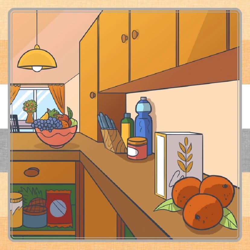 Teste visual de uma cozinha doméstica colorida com frutas, utensílios e alimentos sobre a bancada.