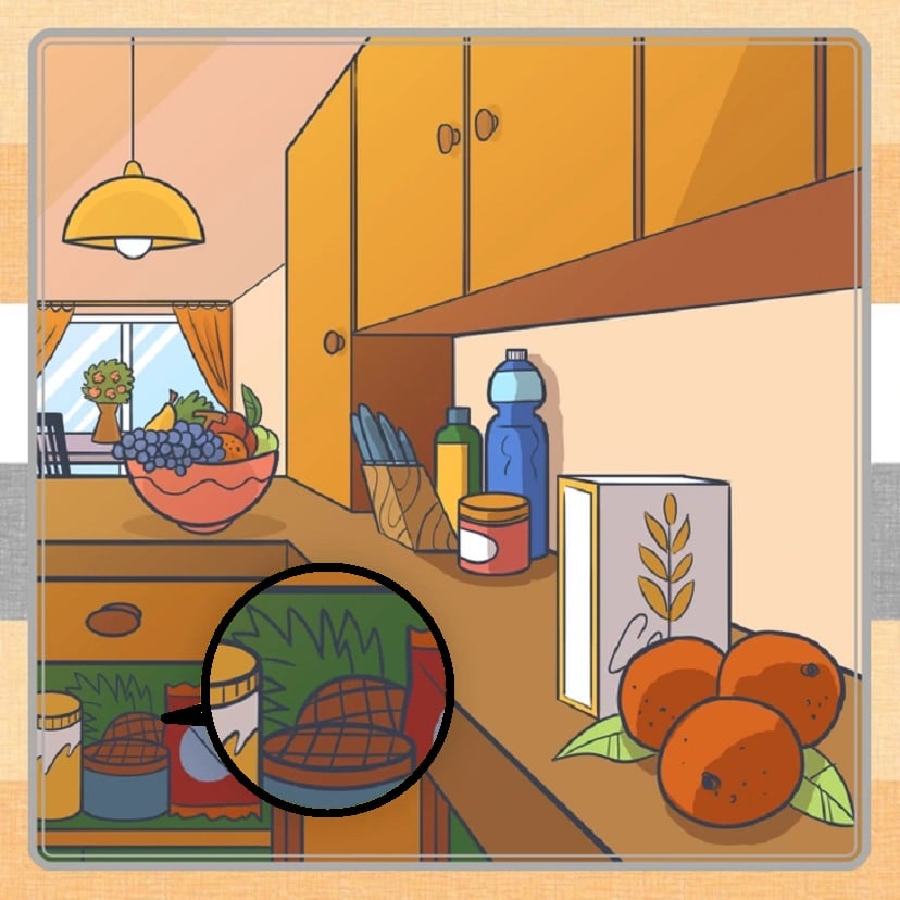 Teste visual de uma cozinha doméstica colorida com frutas, utensílios e alimentos sobre a bancada.