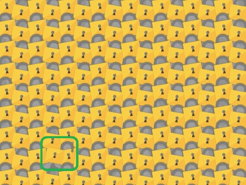 Teste visual com vários cadeados fechados e um cadeado aberto escondido