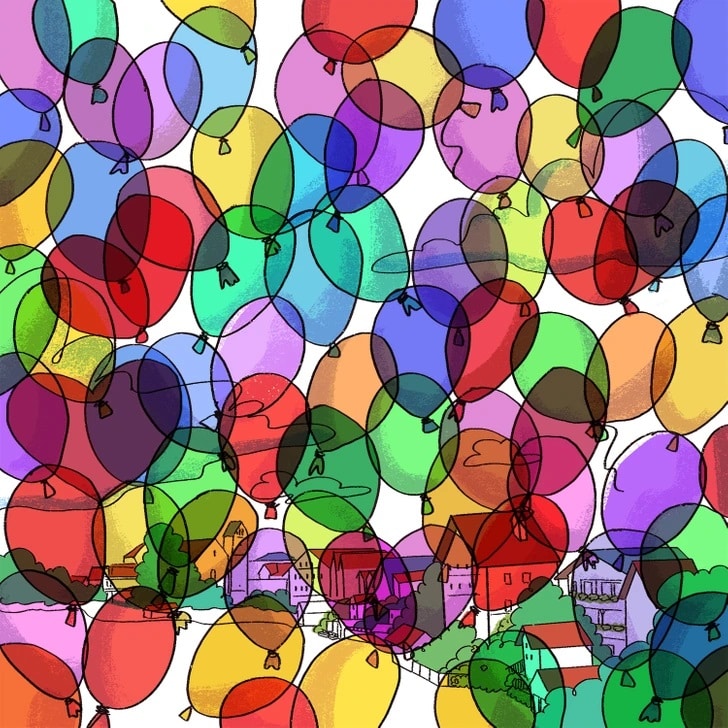 Teste visual de um desenho colorido com dezenas de balões sobrepostos e um coração escondido entre eles