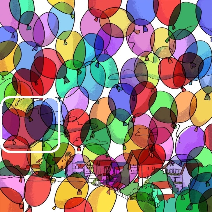 Teste visual de um desenho colorido com dezenas de balões sobrepostos e um coração escondido entre eles