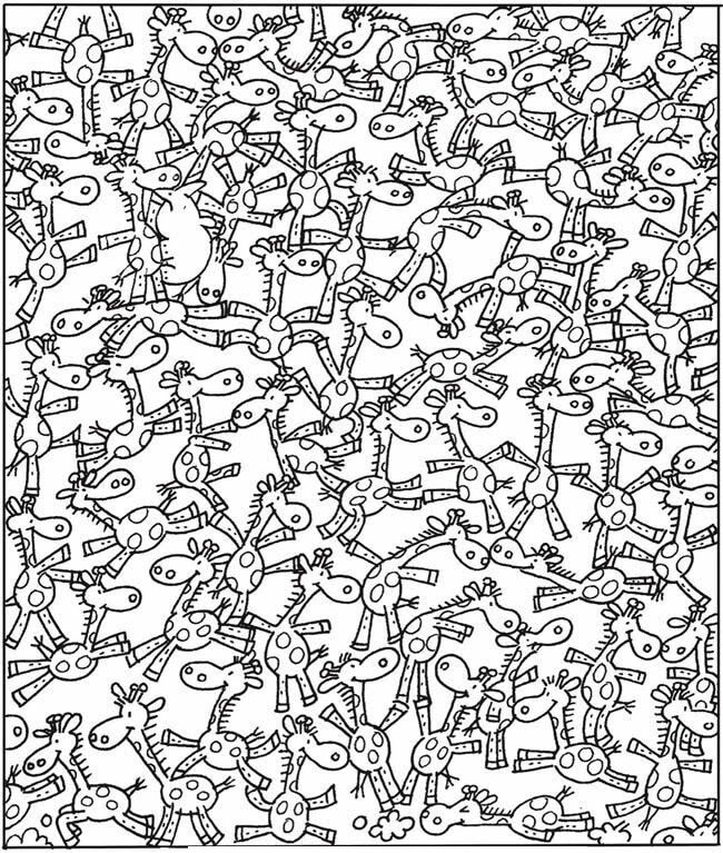 Teste visual com desenho em preto e branco com várias girafas e um rinoceronte escondido entre elas