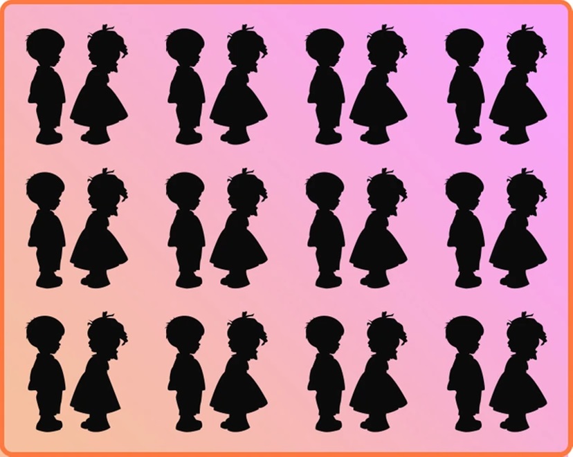 Teste visual com silhuetas de meninos e meninas organizadas em fileiras com um erro visual sutil