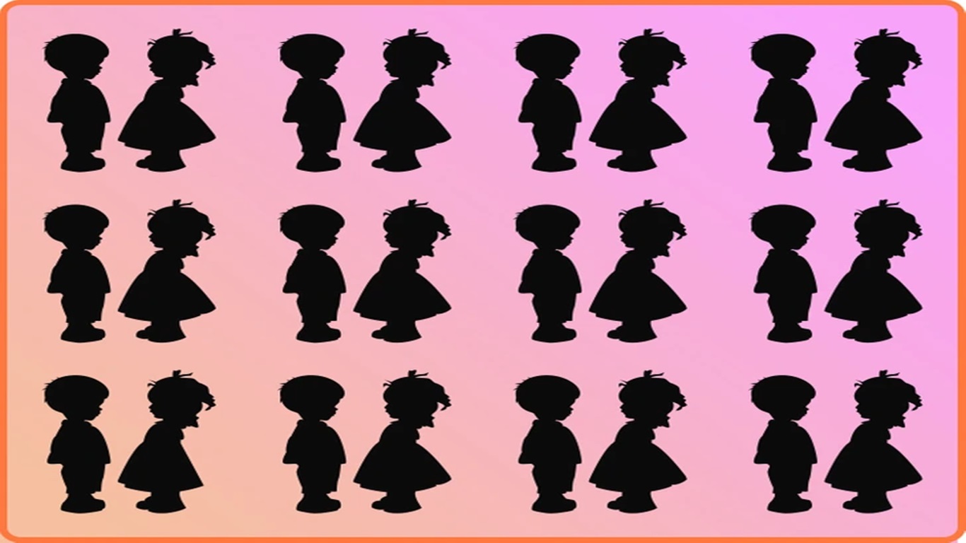 Teste visual com silhuetas de meninos e meninas organizadas em fileiras com um erro visual sutil