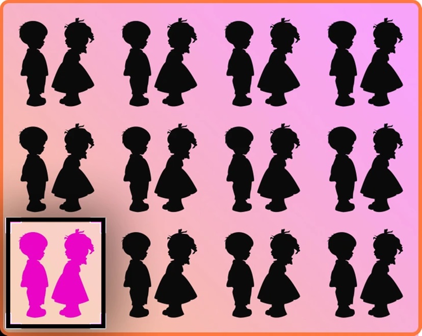 Teste visual com silhuetas de meninos e meninas organizadas em fileiras com um erro visual sutil