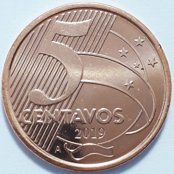 Reverso de uma moeda de 50 centavos com a letra 'A' de 2019, que indica a produção na Holanda.