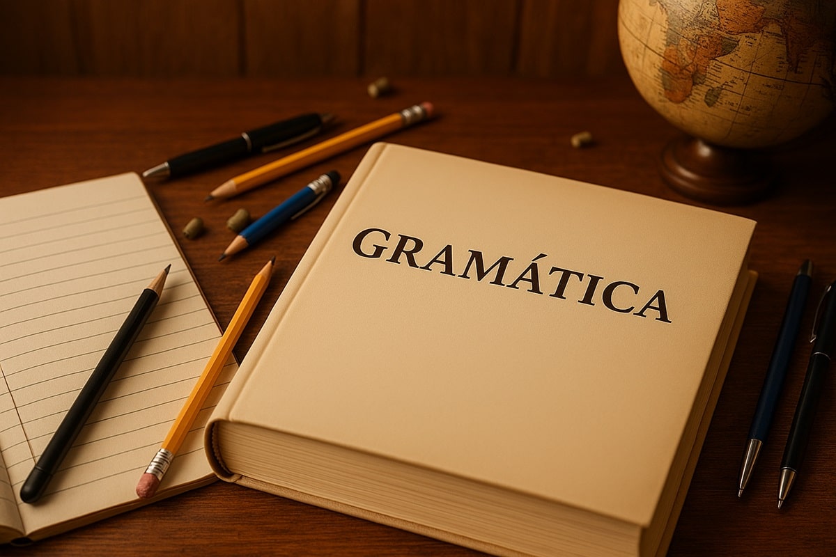 Livro de gramática ao lado de um caderno com lápis e globo terrestre