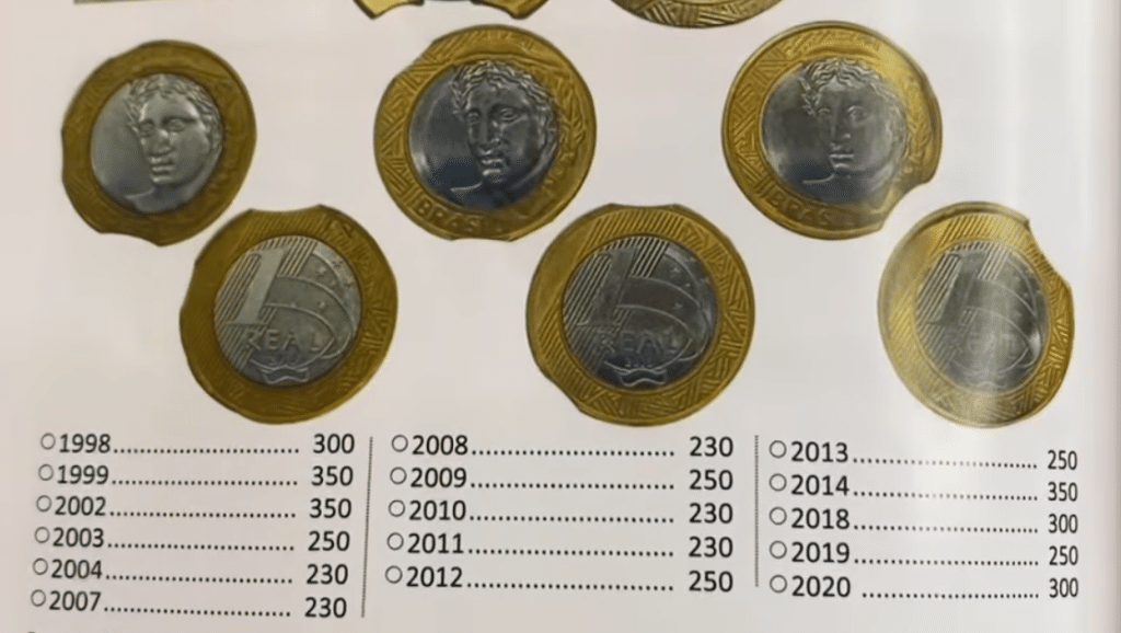 Moedas de 1 real com erros de cunhagem e seus valores no catálogo