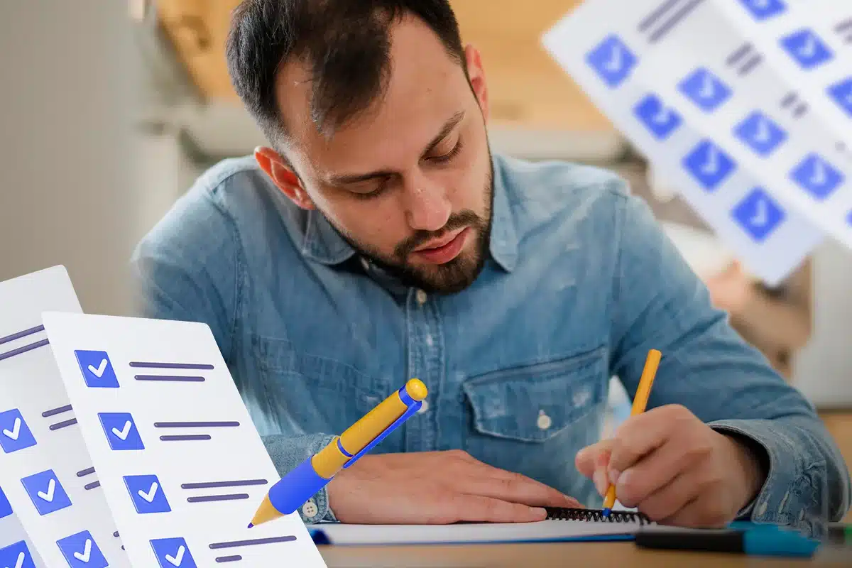 Candidato preenchendo questões de um concurso público, simbolizando a preparação para o concurso da Câmara Municipal de Cerquilho