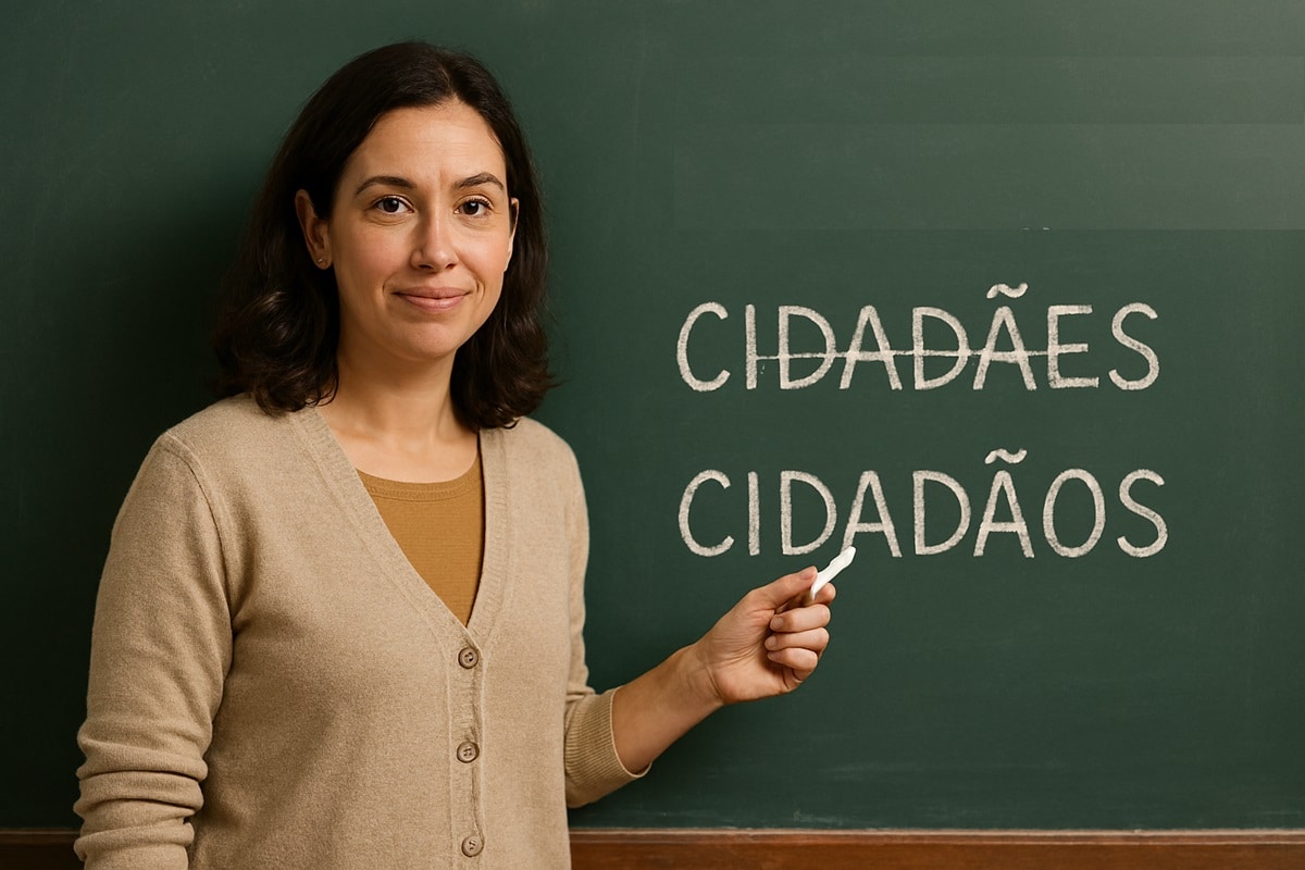 Professora explicando variação gramatical entre “cidadães” e “cidadãos” em sala de aula.
