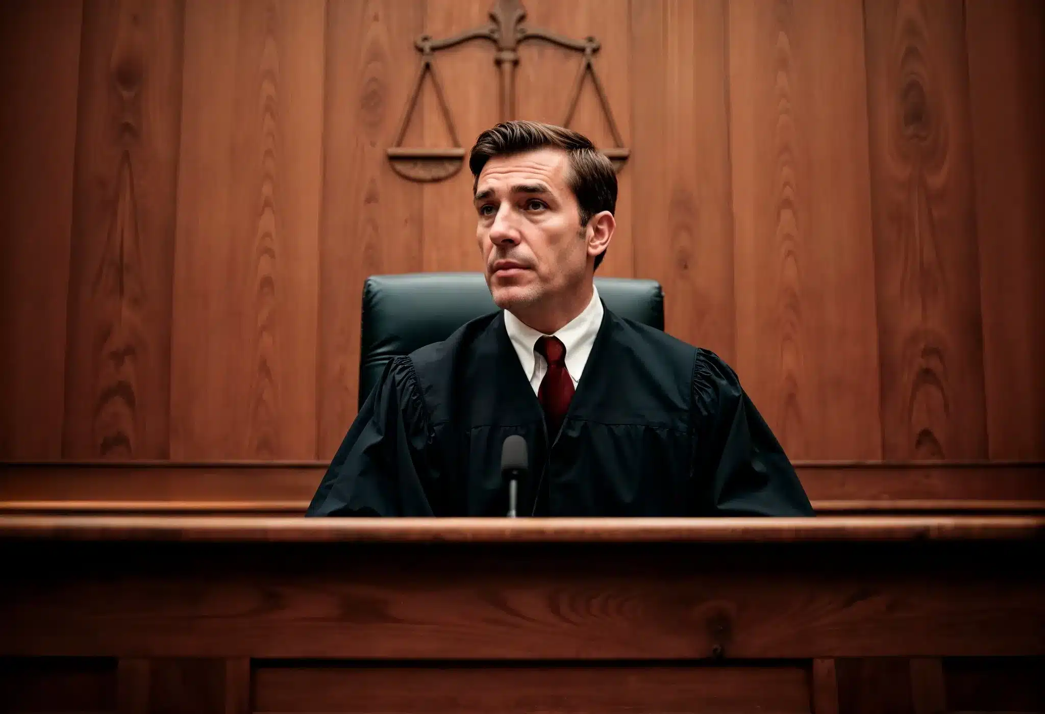 Imagem de um juiz federal no tribunal, em seu banco de juiz, com uma expressão séria, simbolizando a profissão e sua autoridade judicial.