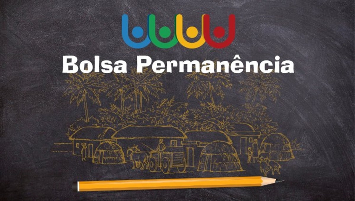 Logo colorido do programa Bolsa Permanência sobre quadro negro com ilustração de comunidade rural