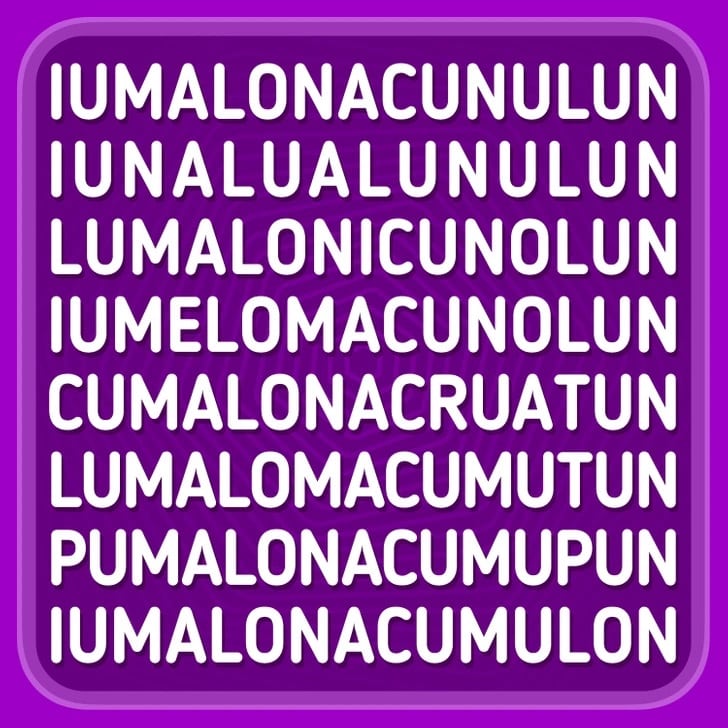 Desafio visual com uma imagem colorida com diversas sequências de letras inventadas organizadas em linhas, dispostas sobre um fundo roxo.