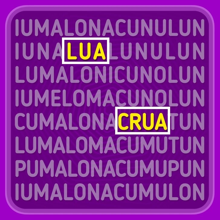 Desafio visual com uma imagem colorida com diversas sequências de letras inventadas organizadas em linhas, dispostas sobre um fundo roxo.