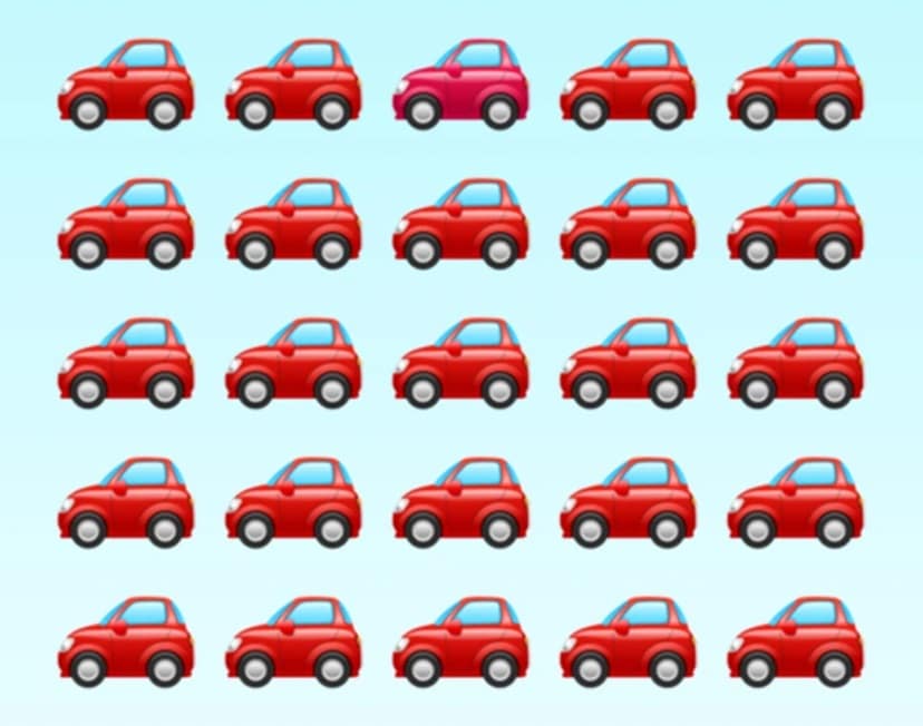 Desafio visual com uma fileira de carros vermelhos com um carro de cor diferente camuflado entre os demais.