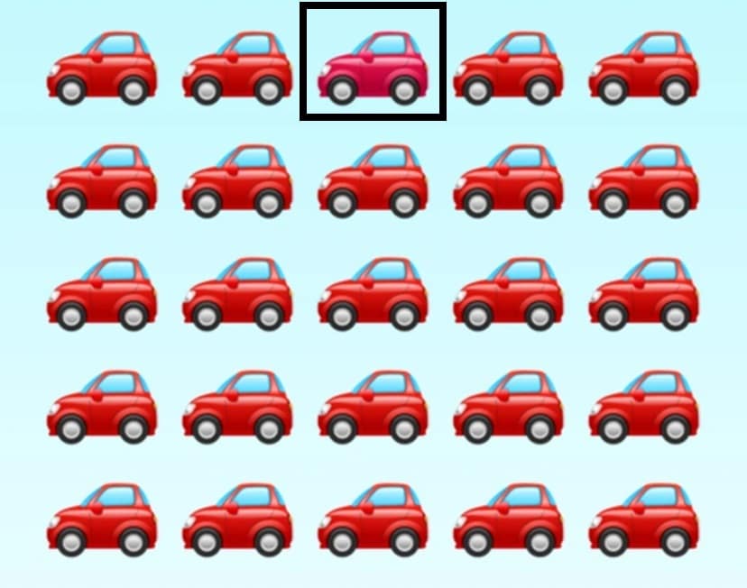 Desafio visual com uma fileira de carros vermelhos com um carro de cor diferente camuflado entre os demais.