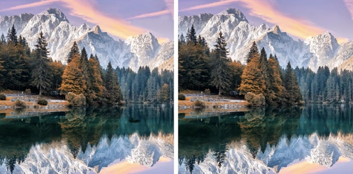 Desafio visual com duas imagens lado a lado de lago refletindo árvores e montanhas ao fundo, ao entardecer.