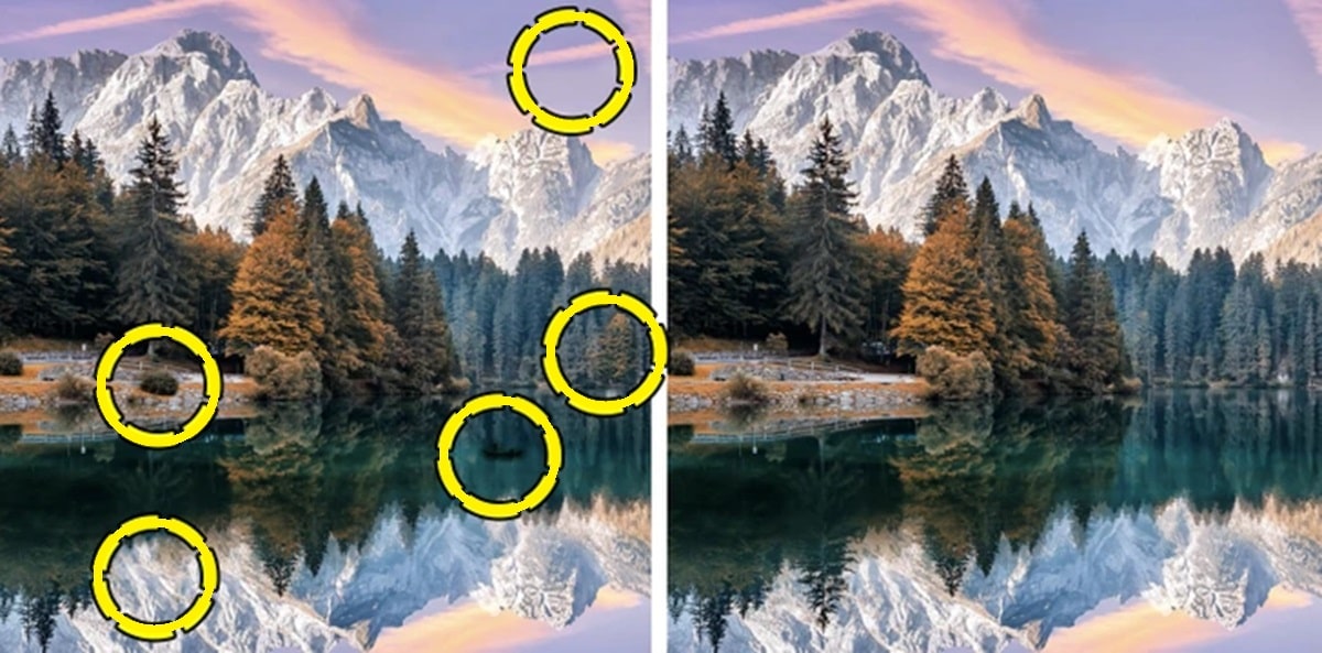 Desafio visual com duas imagens lado a lado de lago refletindo árvores e montanhas ao fundo, ao entardecer.