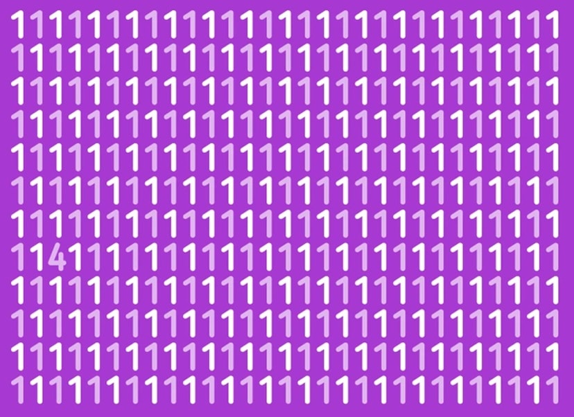 Desafio visual com vários números 1 brancos em fundo roxo, com um número 4 escondido