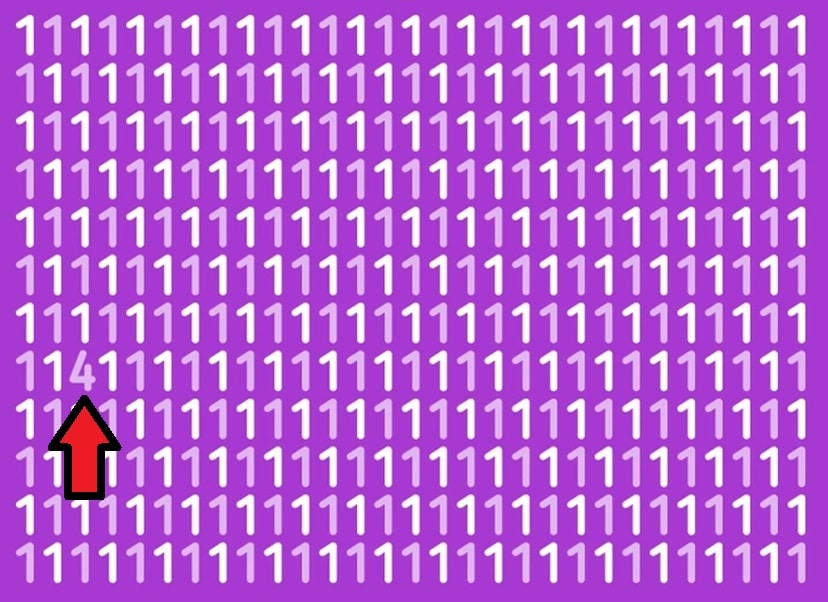 Desafio visual com vários números 1 brancos em fundo roxo, com um número 4 escondido