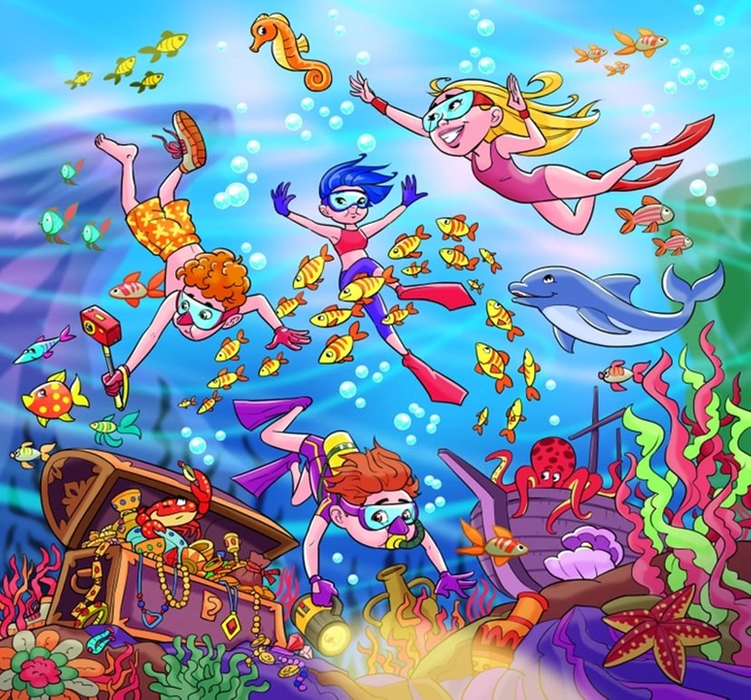 Desafio visual com uma ilustração de crianças mergulhando com peixes, golfinho, polvo, baú do tesouro e recifes coloridos.