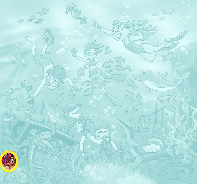 Desafio visual com uma ilustração de crianças mergulhando com peixes, golfinho, polvo, baú do tesouro e recifes coloridos.
