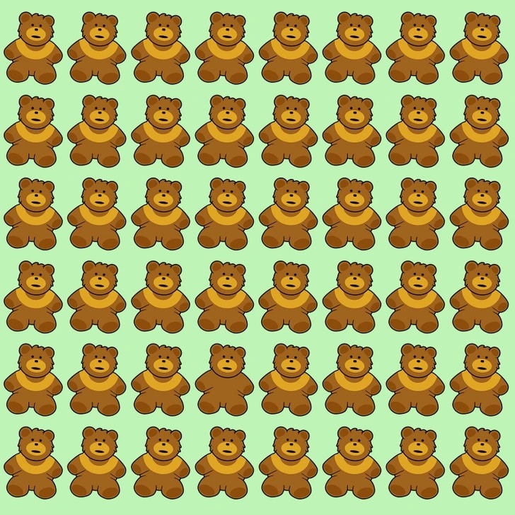 Desafio visual com muitos ursos de pelúcia desenhados, alinhados em padrão sobre fundo verde claro.
