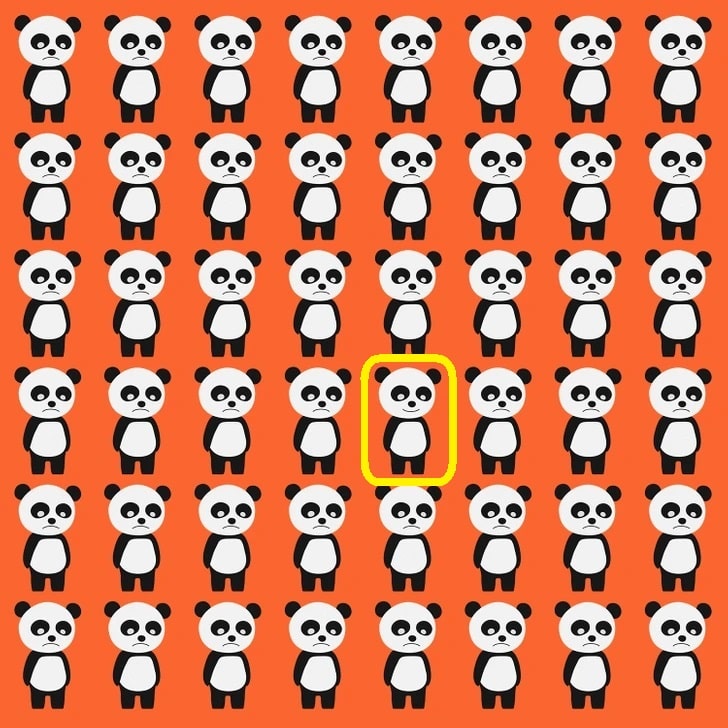 Desafio visual com vários pandas desenhados em padrão repetitivo sobre fundo laranja