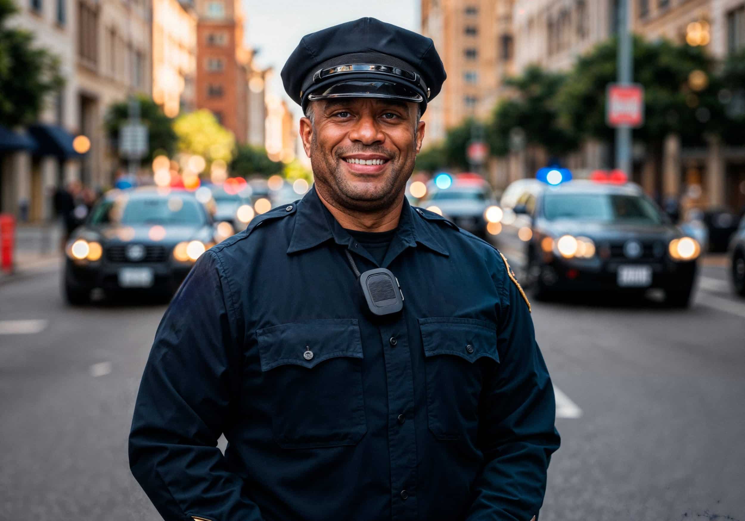 Guarda Municipal sorridente em patrulhamento urbano