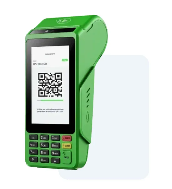 Maquininha T3 Smart em verde exibindo pagamento via QR Code.